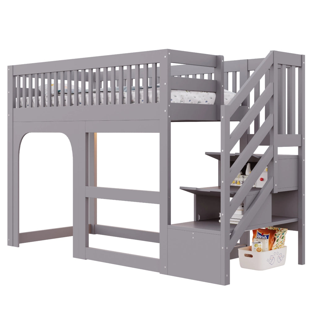 Letto a soppalco per bambini 90x200 cm con scala contenitore, LED e sponde grigio