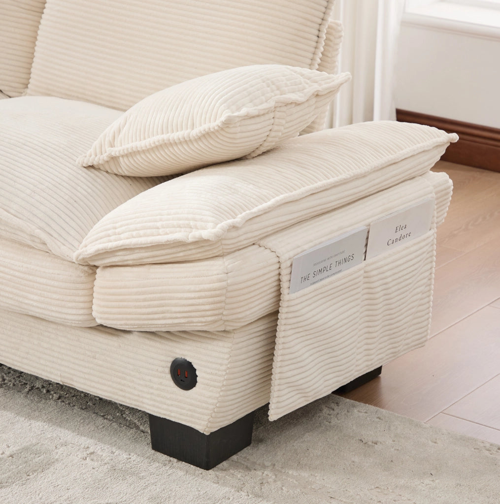 Sofa modulare 2 posti in corduroy con 2 pouf; USB-C; beige; 190x132x84 cm