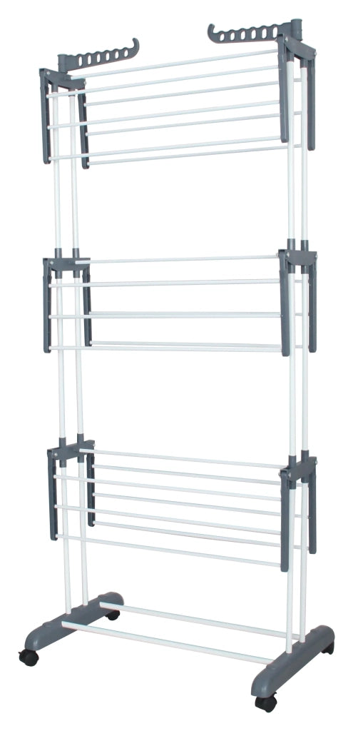 Stendibiancheria Rodrigo a 3 Piani in Metallo Bianco e Grigio, Stendino Verticale Salvaspazio per Interni ed Esterni, Dimensioni 64x74x170 cm, Profondità Estensibile fino a 120 cm