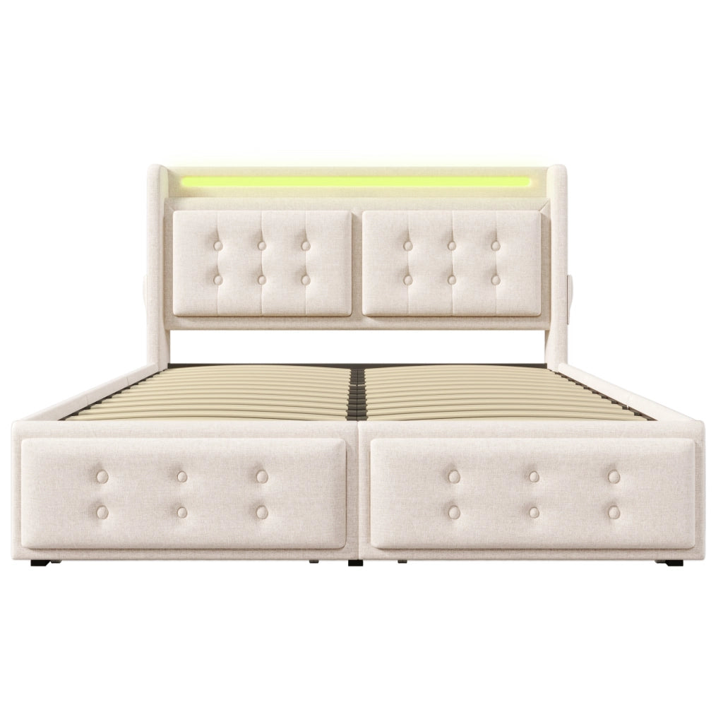 Letto matrimoniale 140x200 cm in cotone beige con LED, USB-C e 4 cassetti