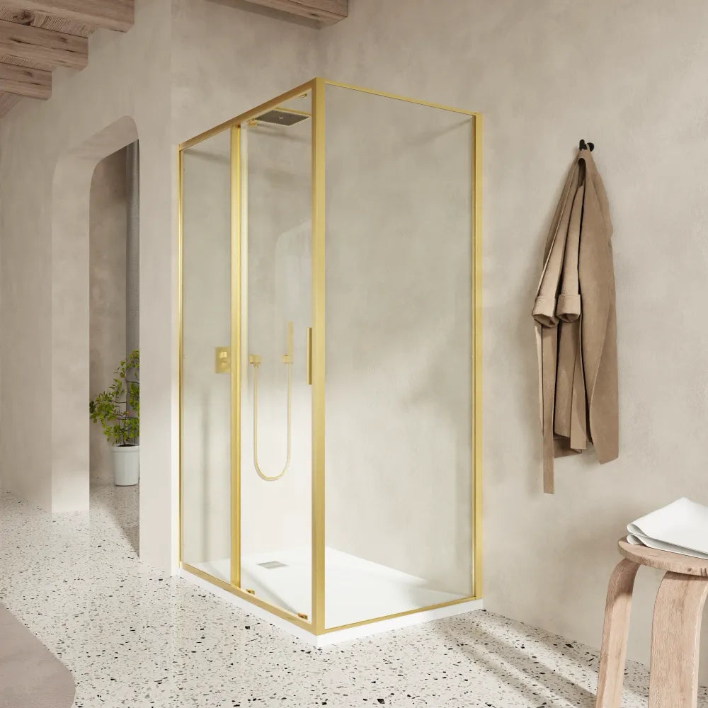 Box doccia slim 160x80cm con porta scorrevole e parete fissa profili oro spazzolato e vetro 6mm trasparente anticalcare h190| Portofino