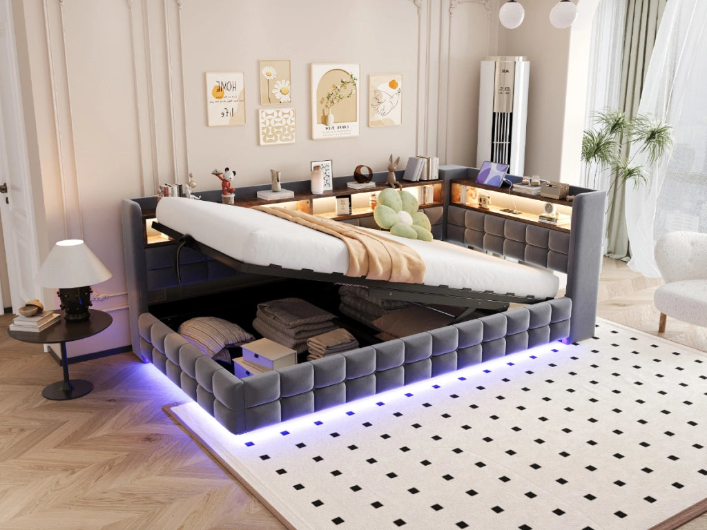 Letto singolo imbottito 90 × 200 cm con contenitore idraulico ripiani in legno LED prese USB Type-C velluto grigio