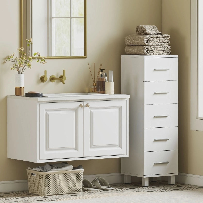 Mobiletto Bagno Slim con 5 Cassetti, 30 x 30 x 95 cm, Bianco