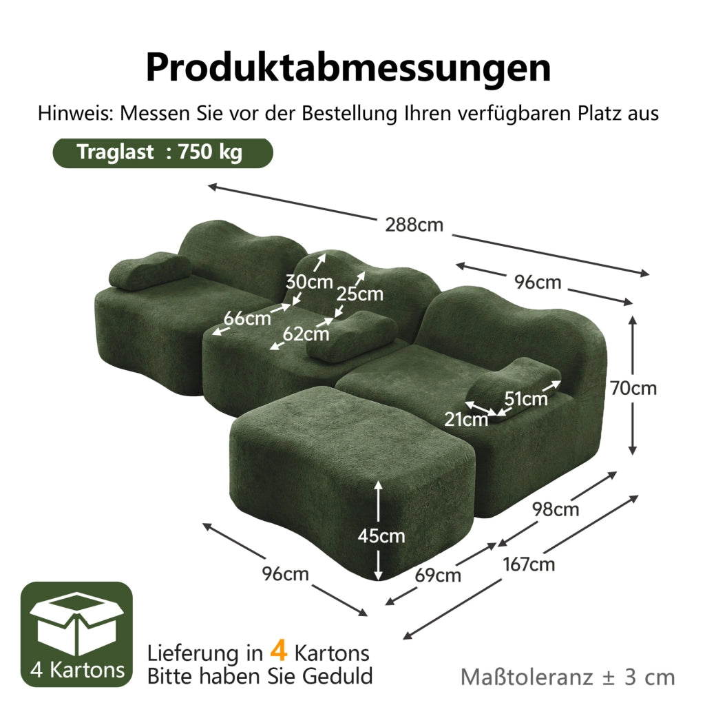 Divano modulare angolare verde in velluto, 3 posti con pouf, schiuma ad alta resilienza 32D