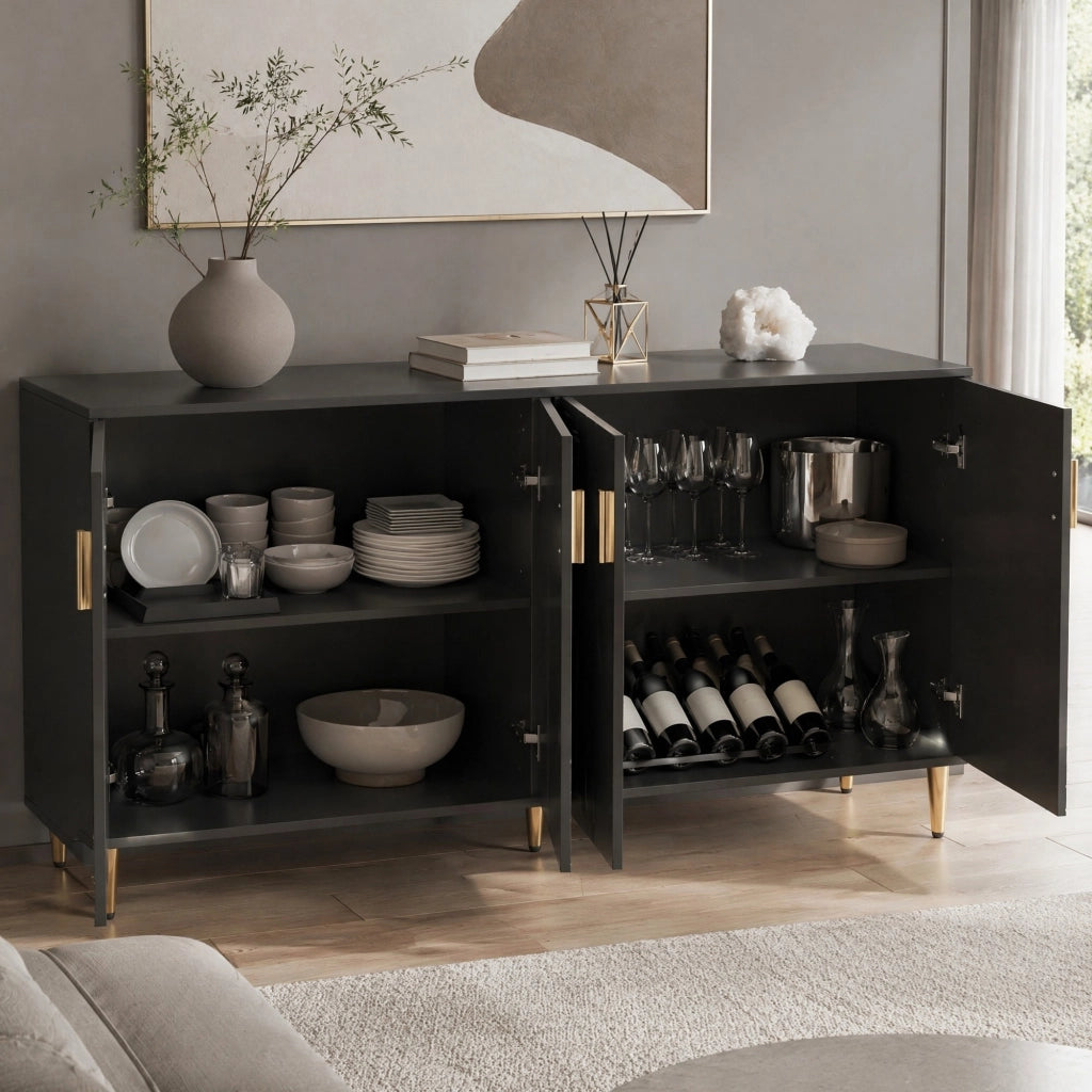 Credenza moderna 152x40x75 cm in MDF nero con frontali ondulati e maniglie dorate