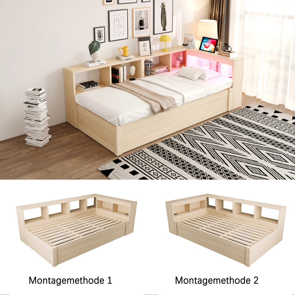 Letto singolo con contenitore 90 × 200 cm idraulico con vani; LED e presa integrata in legno naturale