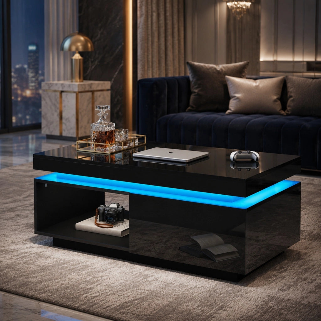 Tavolino da salotto con LED e cassetto in pannello di particelle nero lucido portata 50 kg 100 × 50 × 40.3 cm