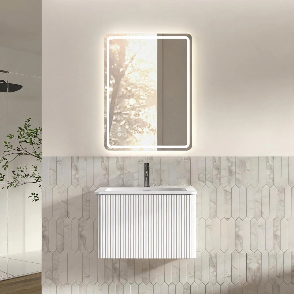 Mobile bagno sospeso con lavabo integrato e specchio LED regolabile MDF bianco