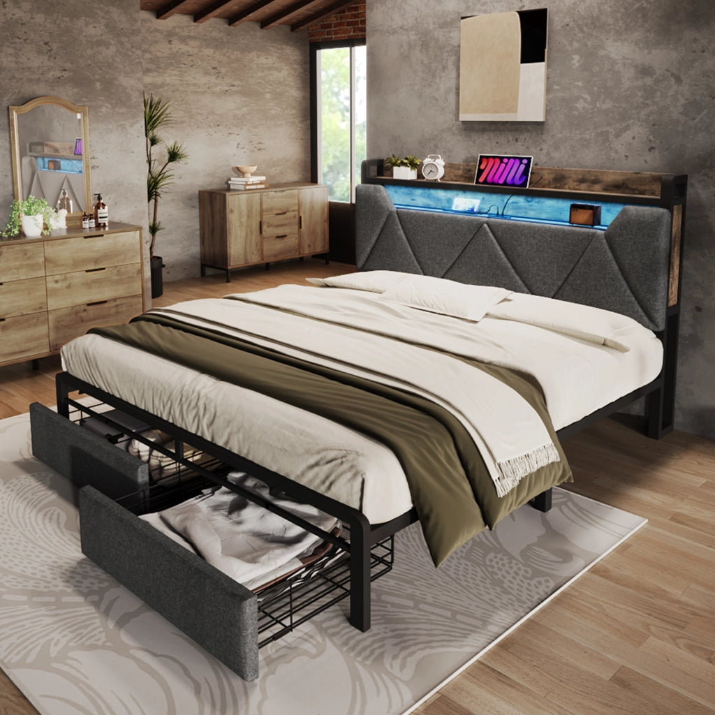 Letto con cassetti 140 × 200 cm con testiera imbottita contenitore LED USB e USB-C rivestito in lino grigio