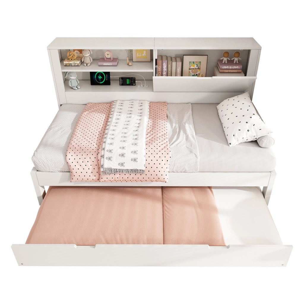 Divano letto 90x190 cm con letto estraibile 90x190 cm; USB e USB-C; vano contenitore; legno bianco