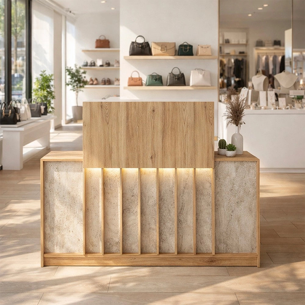 Bancone Reception Davis 150 cm Rovere e Travertino con LED e Listelli Verticali