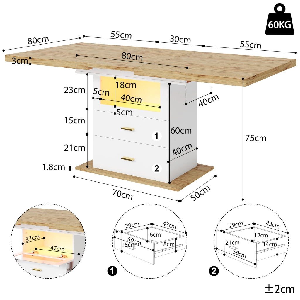 Tavolo da pranzo allungabile con LED controllabile via app e vano contenitore in MDF bianco