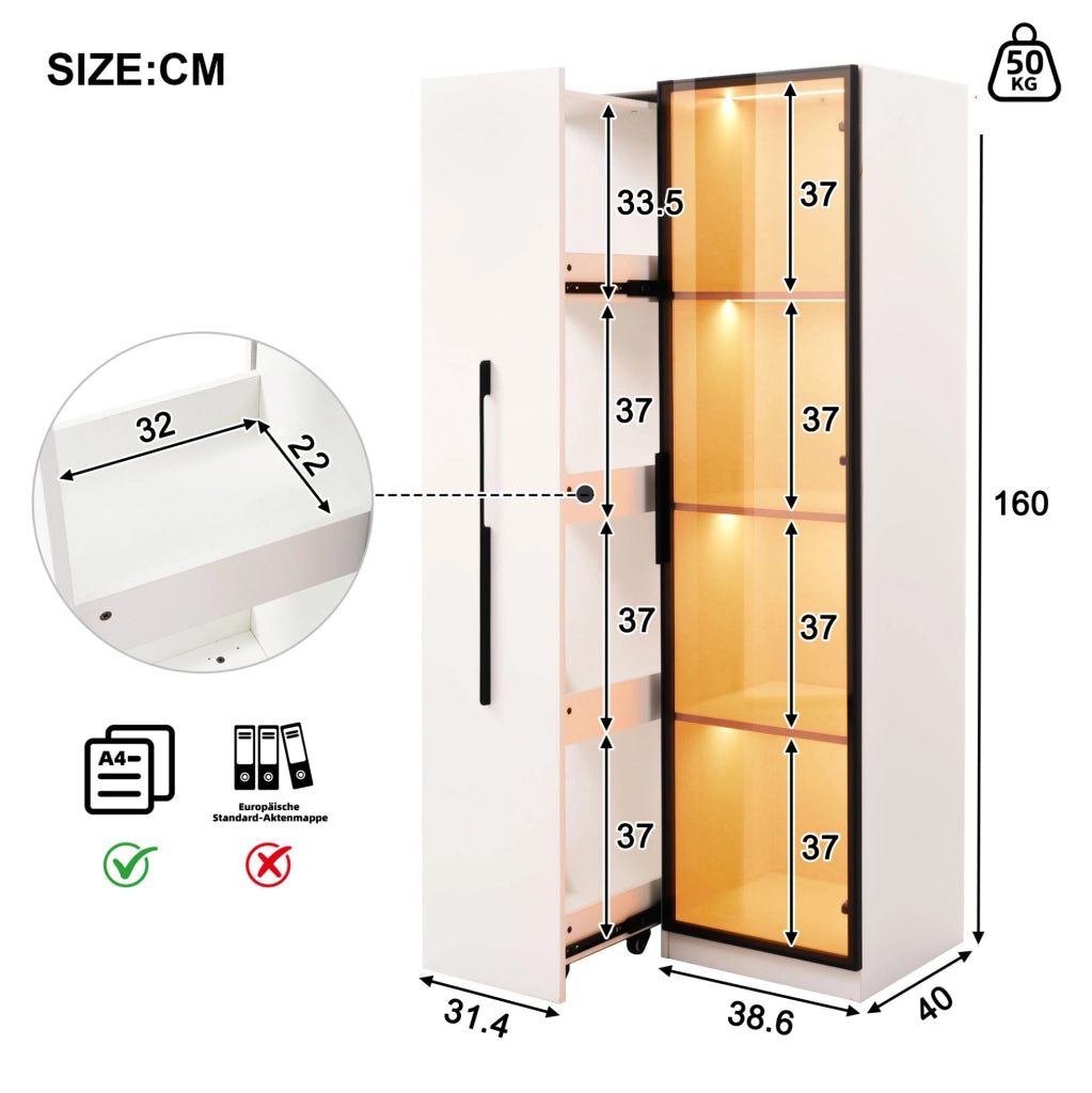 Mobile multifunzione 70 x 40 x 160 cm con libreria estraibile; vetrina LED e vetro temperato; MDF bianco