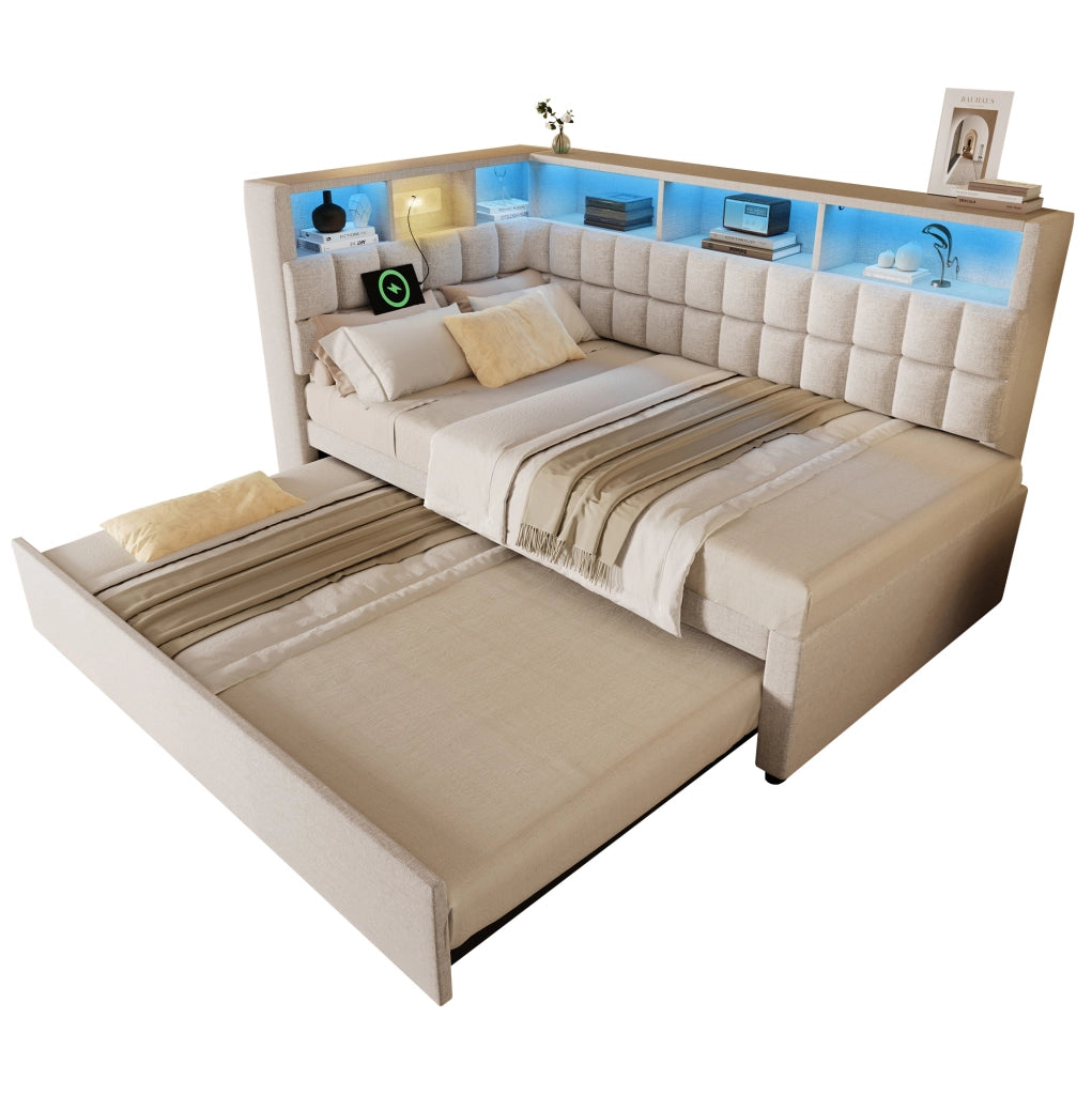 Letto singolo imbottito beige 90x200 con estraibile, LED, Bluetooth e USB-C