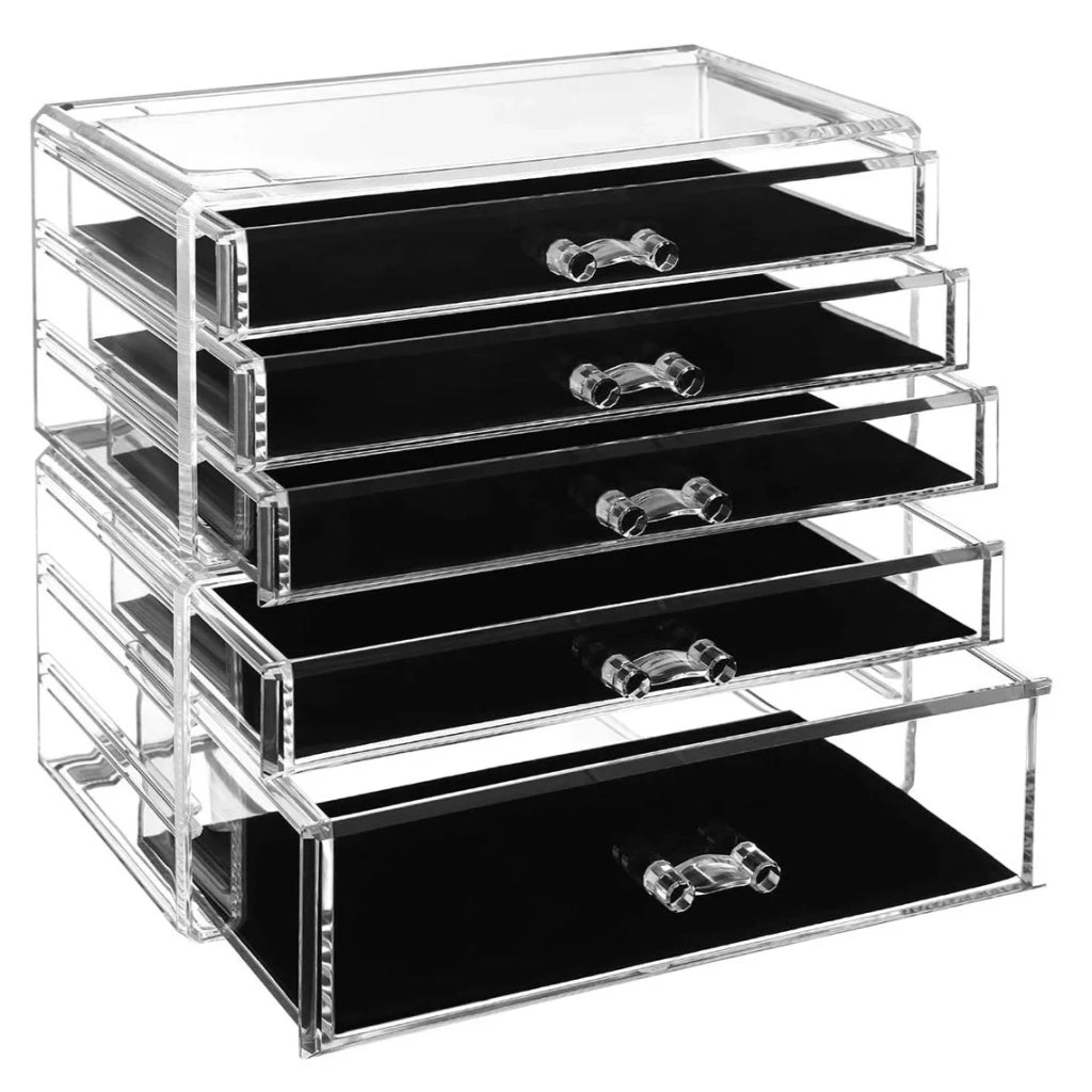 Organizer per trucchi Set di 2 contenitori impilabili per gioielli e trucchi 5 cassetti Organizer per cosmetici in polistirolo trasparente 12_0003526