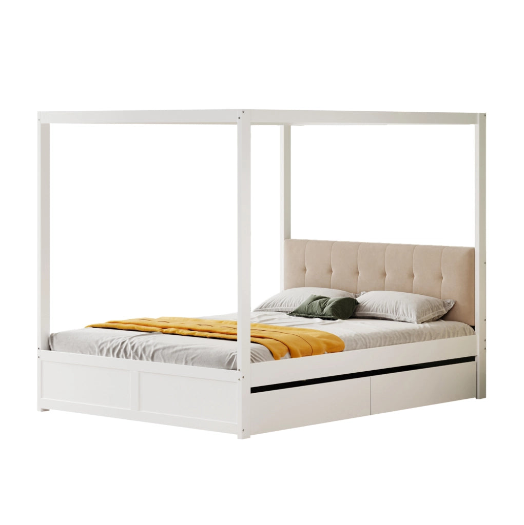 Letto a tenda 140x200 cm con 2 cassetti e testiera imbottita bianco