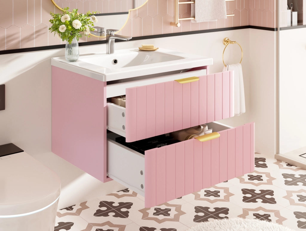 Mobile bagno sospeso con lavabo singolo in ceramica, MDF resistente all'umidità e doppio vano portaoggetti, rosa