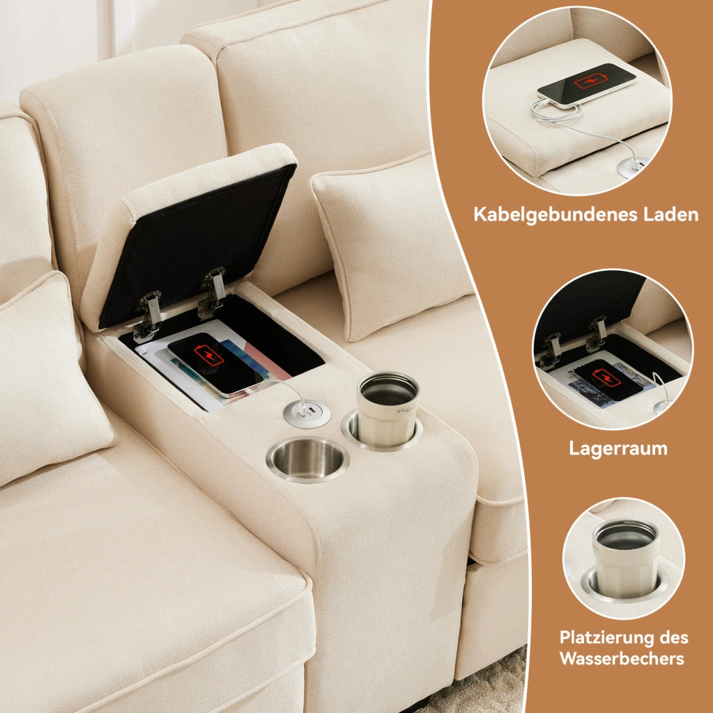 Divano 4 posti beige con USB, portabicchieri e vano contenitore