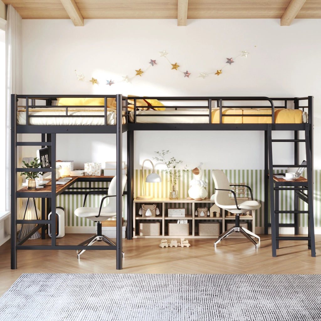 Letto a castello 90 x 200 cm con due letti, tavolo sotto il letto, doppia scala e ringhiera alta, Nero