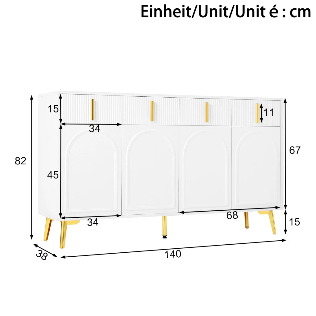 Credenza 140 cm con 4 ante; 4 cassetti e ripiani regolabili; MDF bianco con dettagli dorati