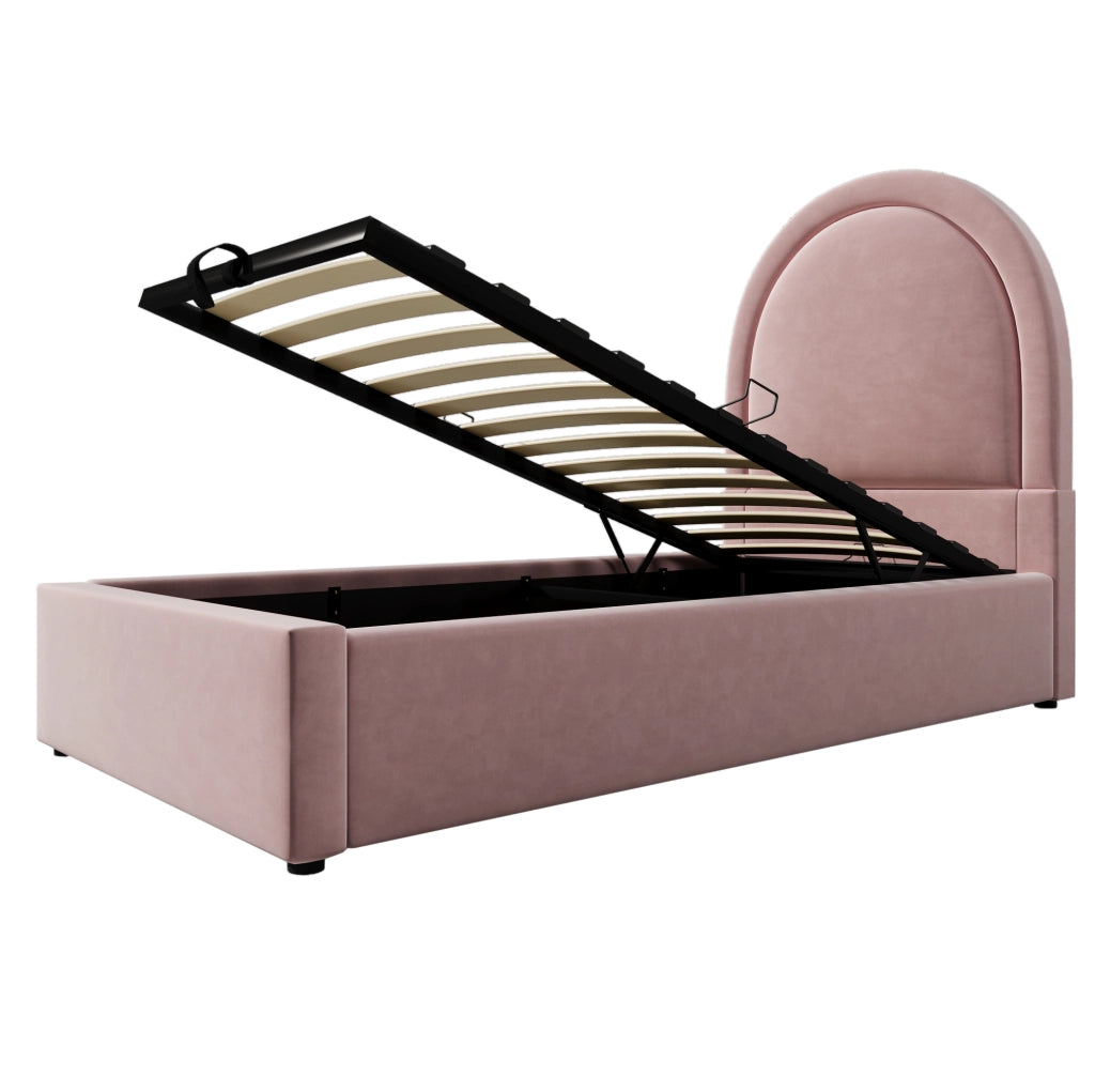 Letto imbottito 90x190 cm con vano contenitore e rivestimento in velluto rosa