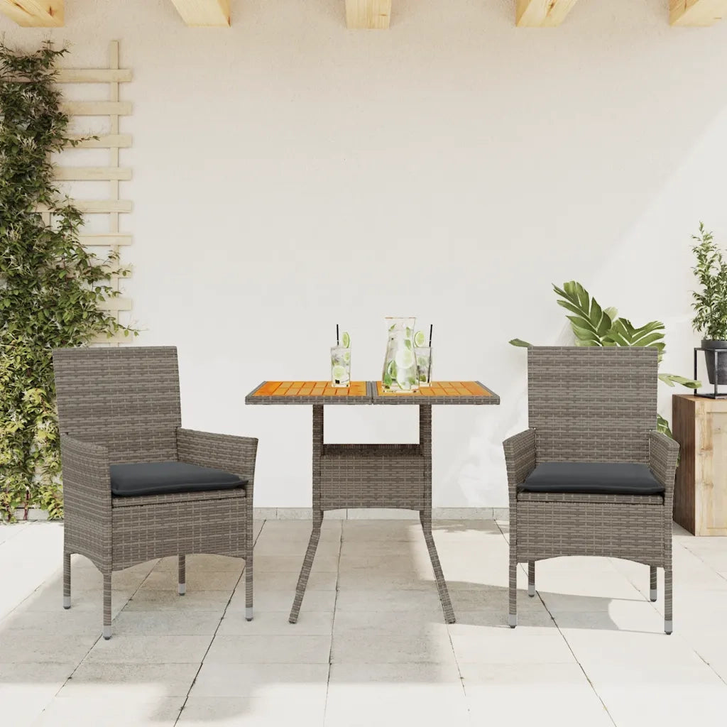 Set Pranzo da Giardino 3pz | Set Salotto da Giardino con Cuscini Polyrattan Acacia Grigio