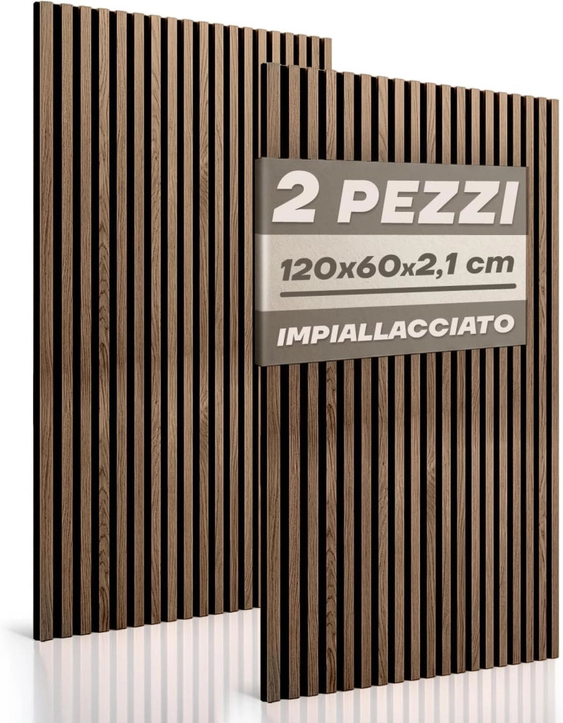 RMF PRO Set 2 Pannelli Decorativi Parete Legno Fonoassorbenti Fumo Chiaro 120x60 cm (1,44 m²) – Rivestimento Acustico a Listelli MDF per Soggiorno, Studio e Ufficio