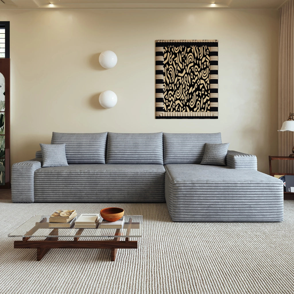 Divano angolare modulare con chaise longue e seduta profonda, senza montaggio, in tessuto a coste grigio