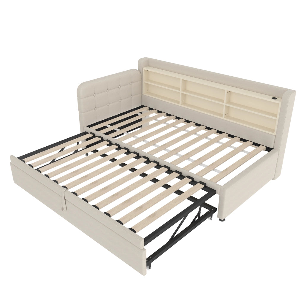 Letto divano 90 × 200 cm estraibile 180 × 200 cm; USB; porta tipo C e mensole; senza materasso; beige