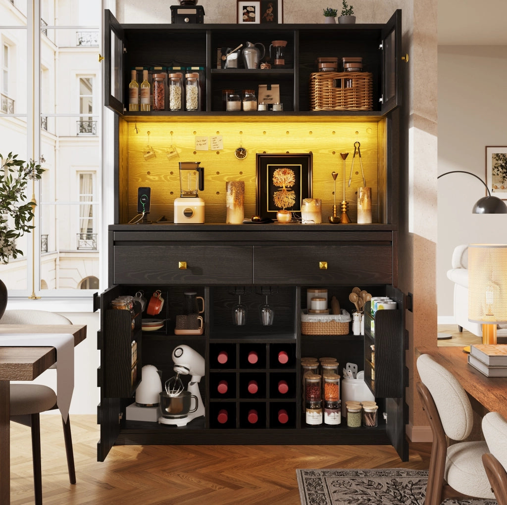Armadio alto da cucina con LED RGB; prese USB; portabottiglie; MDF e acrilico nero 120x40x178 cm