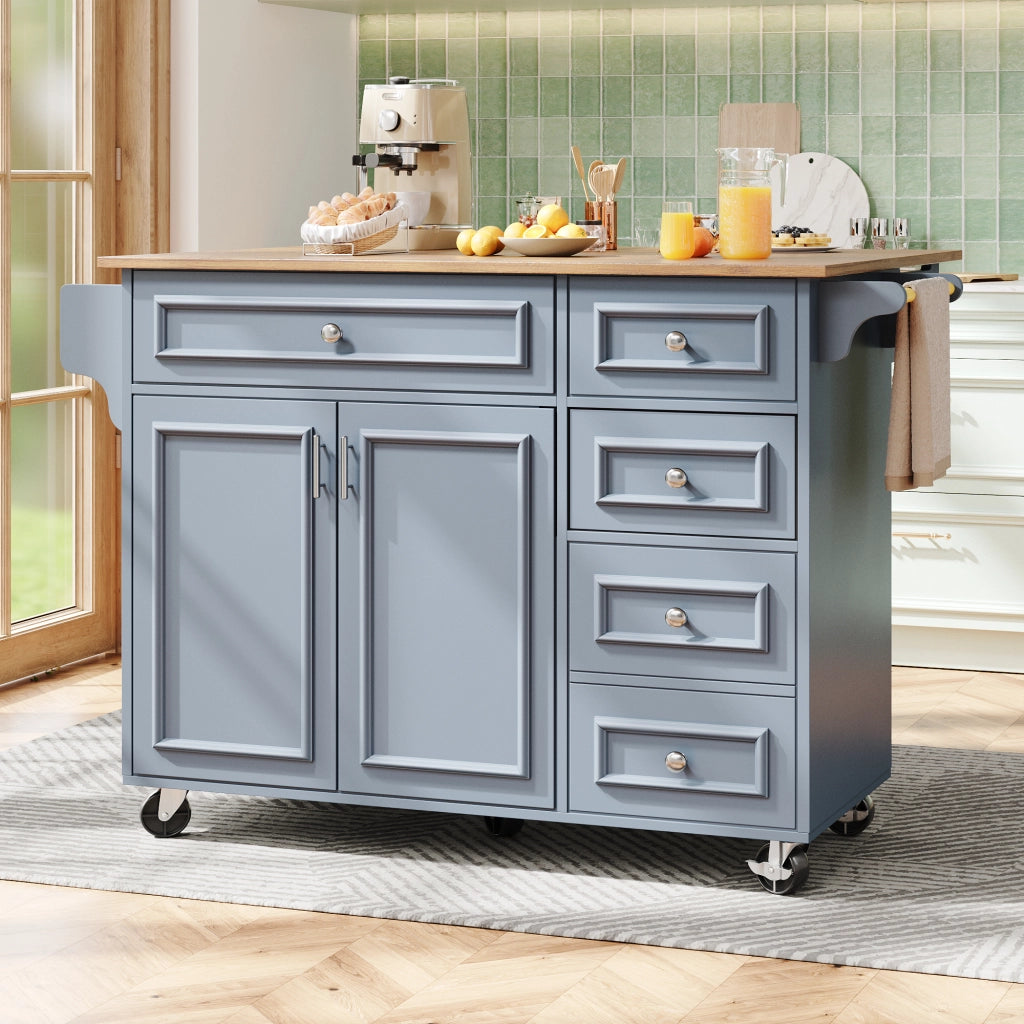 Isola da cucina con piano ribaltabile; ripiani regolabili in 3 altezze; cassetti e ripiano laterale in MDF blu
