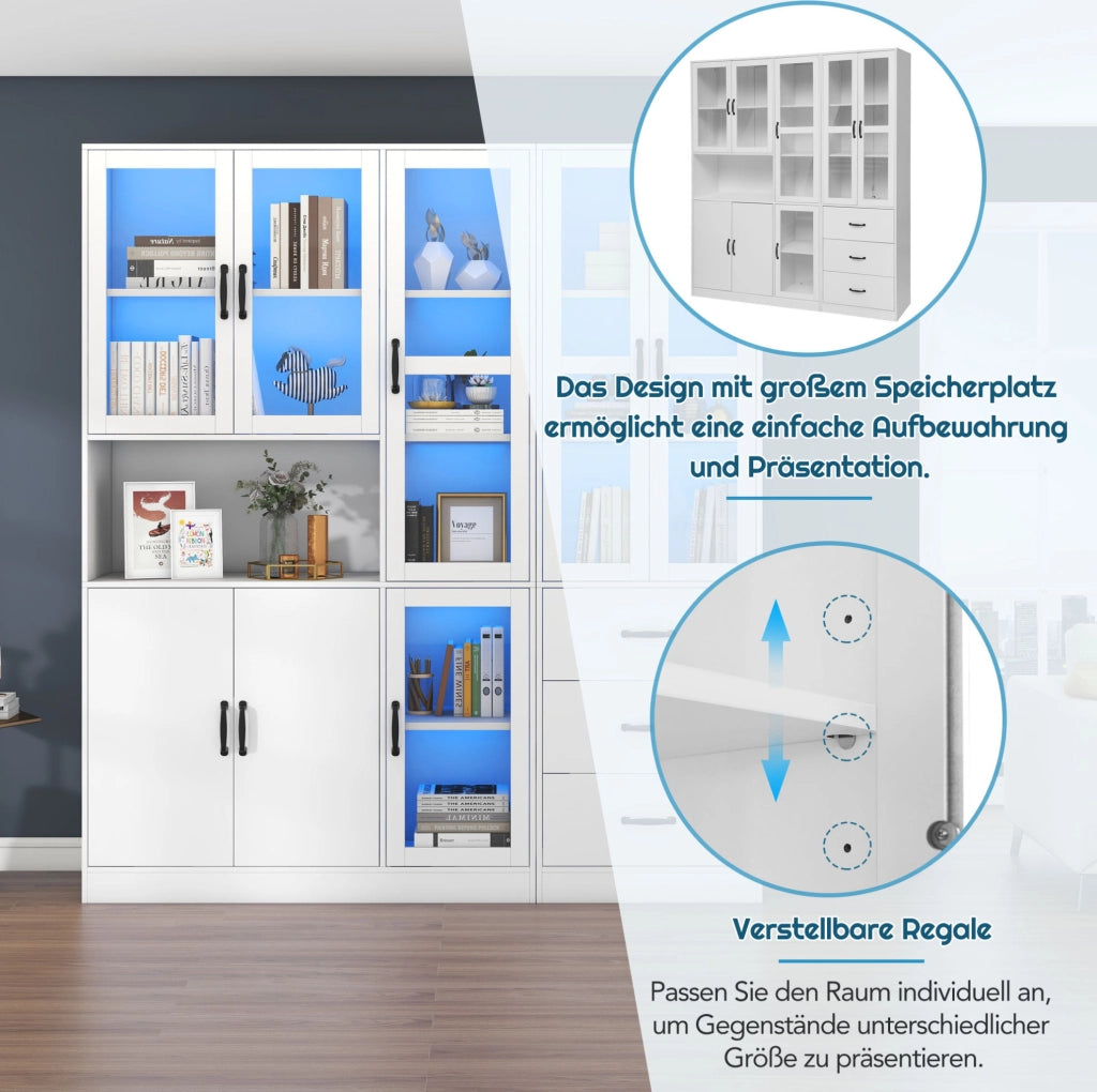 Set vetrina combinato bianco con LED, 8 ante e 3 cassetti
