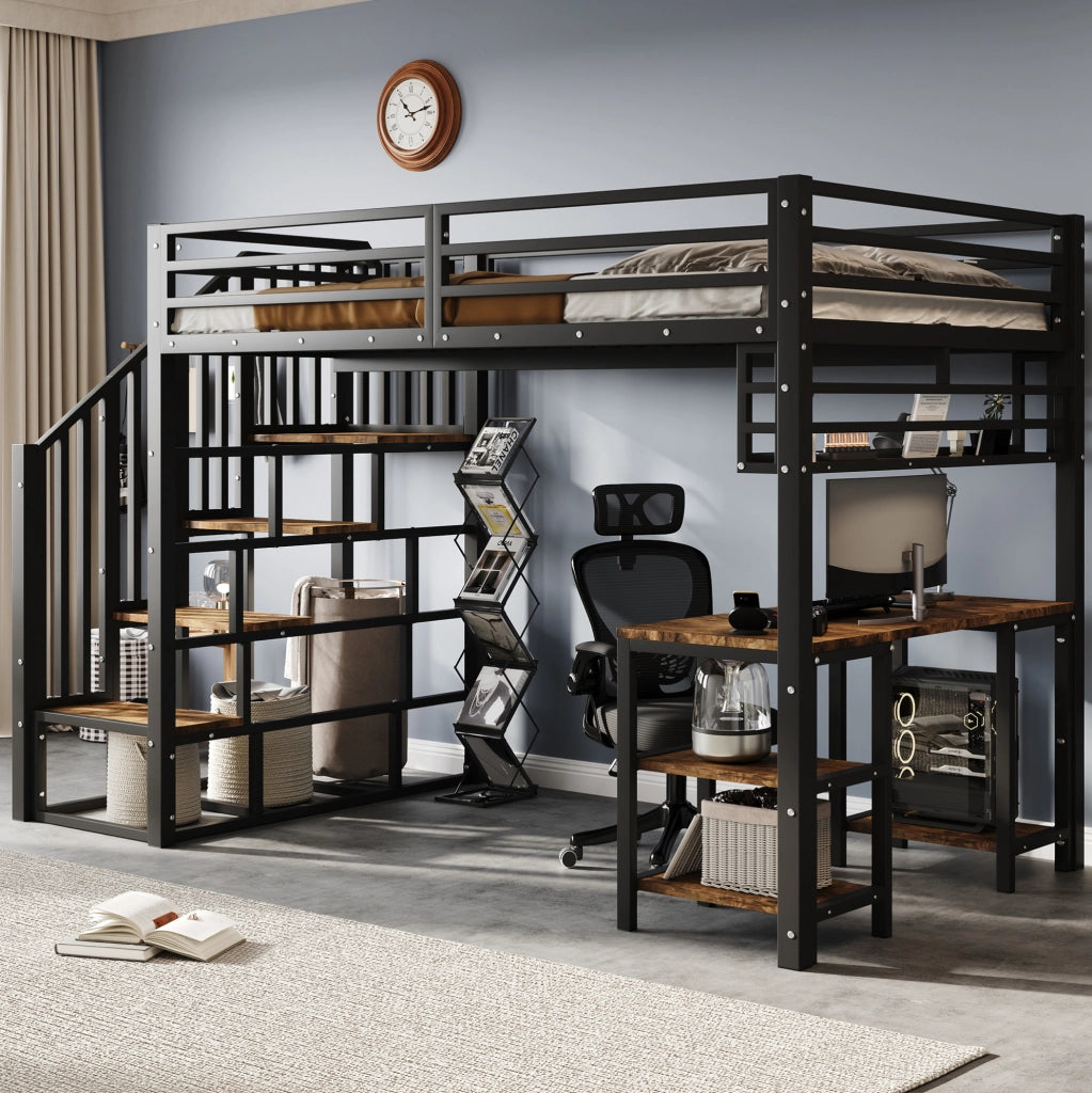 Letto a soppalco 120x200 cm con scrivania integrata e scaffale; metallo e legno; nero e noce scuro