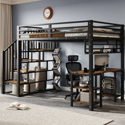 Letto a soppalco 120x200 cm con scrivania integrata e scaffale; metallo e legno; nero e noce scuro