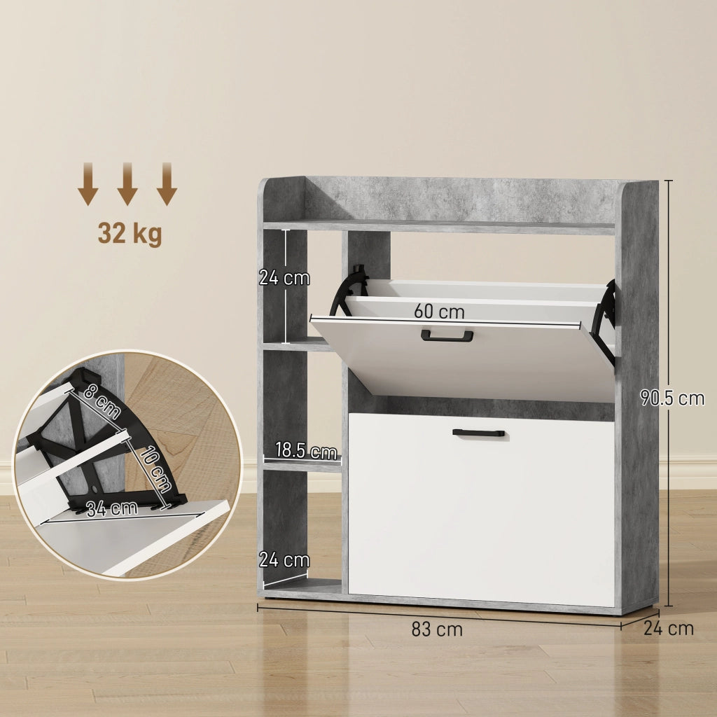 Scarpiera Slim Salvaspazio ¨C Xylo ¨C 2 Cassetti Ribaltabili 3 Ripiani Aperti Grigio 83x24x90.5cm