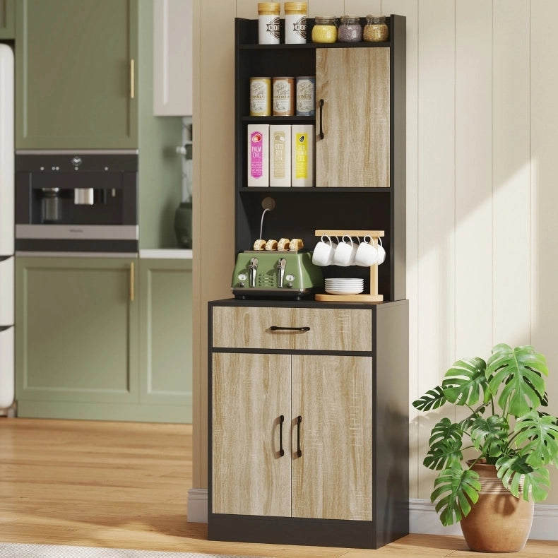 Mobiletto alto da cucina 60x40x180 cm effetto legno e nero con passacavi