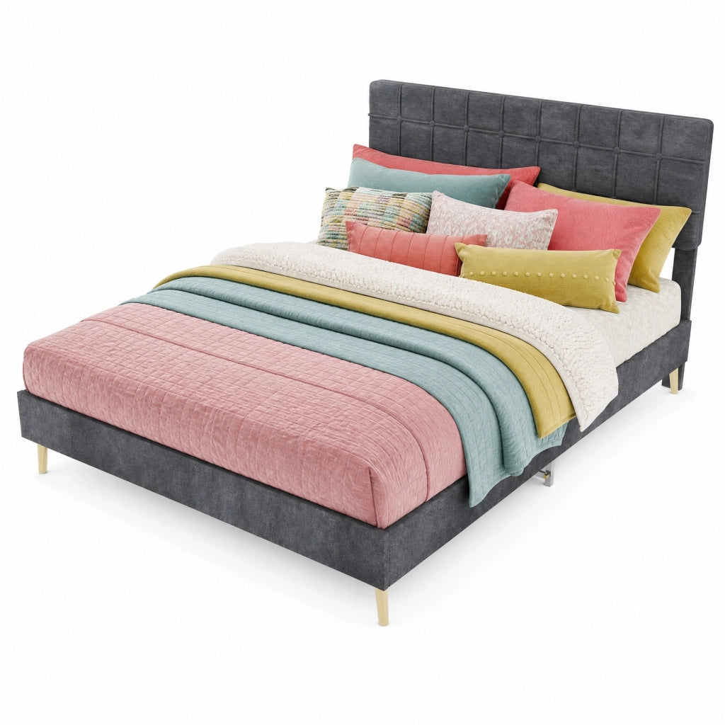 Letto matrimoniale 140 ¡Á 200 cm in velluto grigio con testiera imbottita trapuntata e struttura in legno