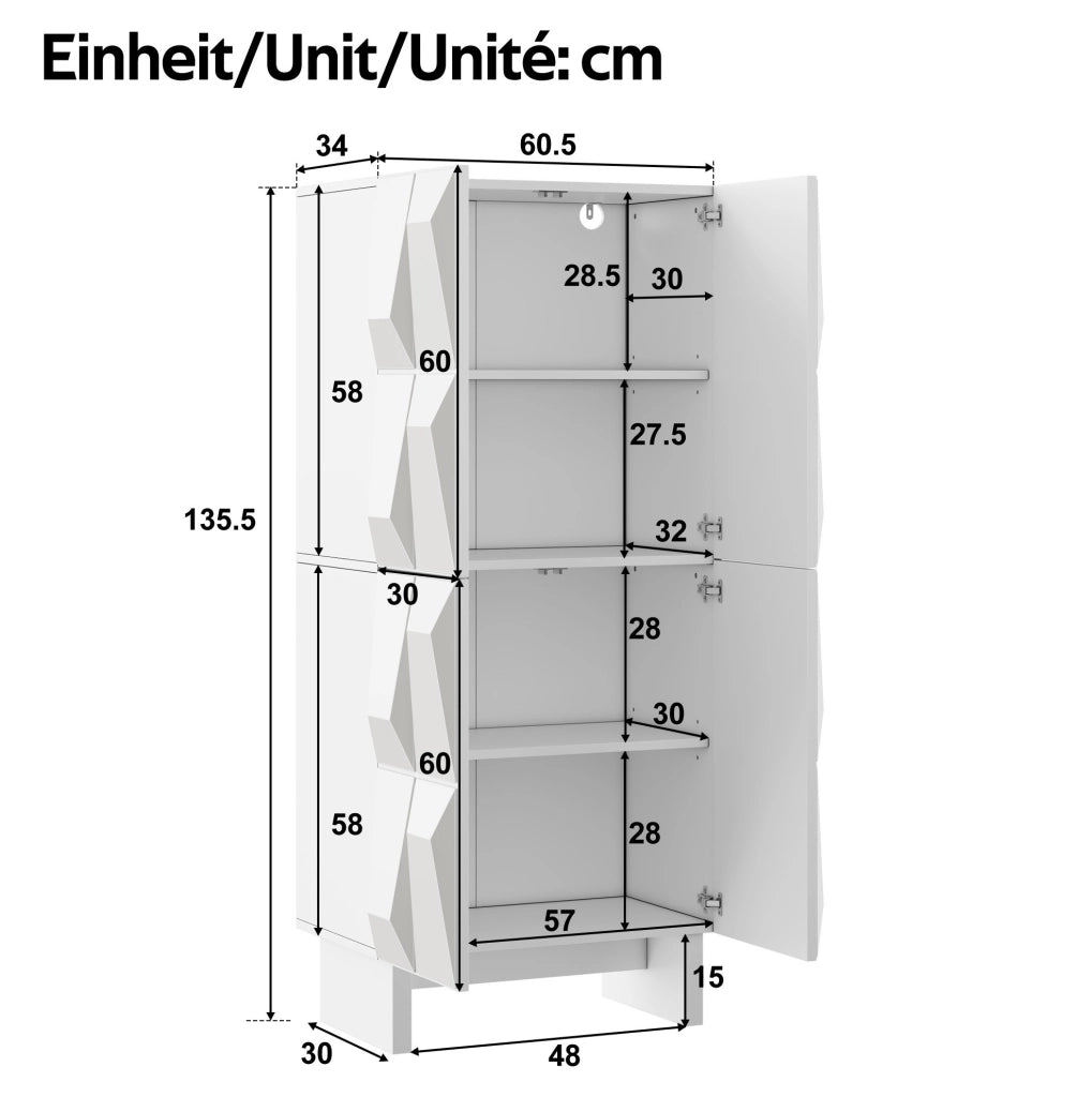 Mobile alto multiuso bianco 60;5 x 34 x 135;5 cm in truciolare con 4 ante e ripiani regolabili