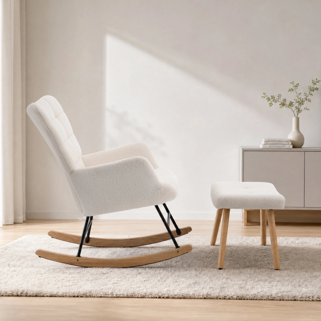 Sedia a dondolo 91x61x88 cm con poggiapiedi in lana d'agnello beige