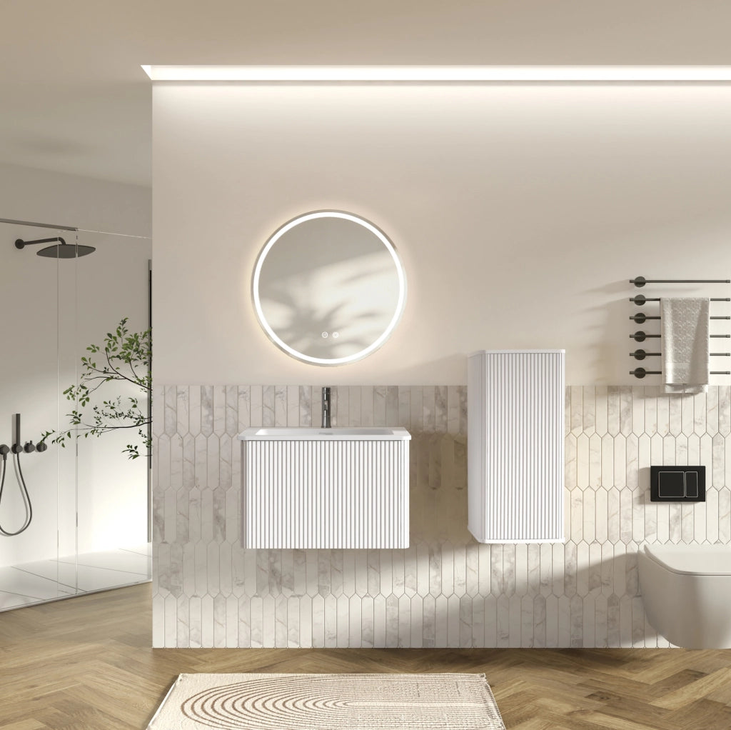Set mobili bagno ULEVR bianco con lavabo, specchio LED regolabile antiappannamento e mobile laterale sospeso