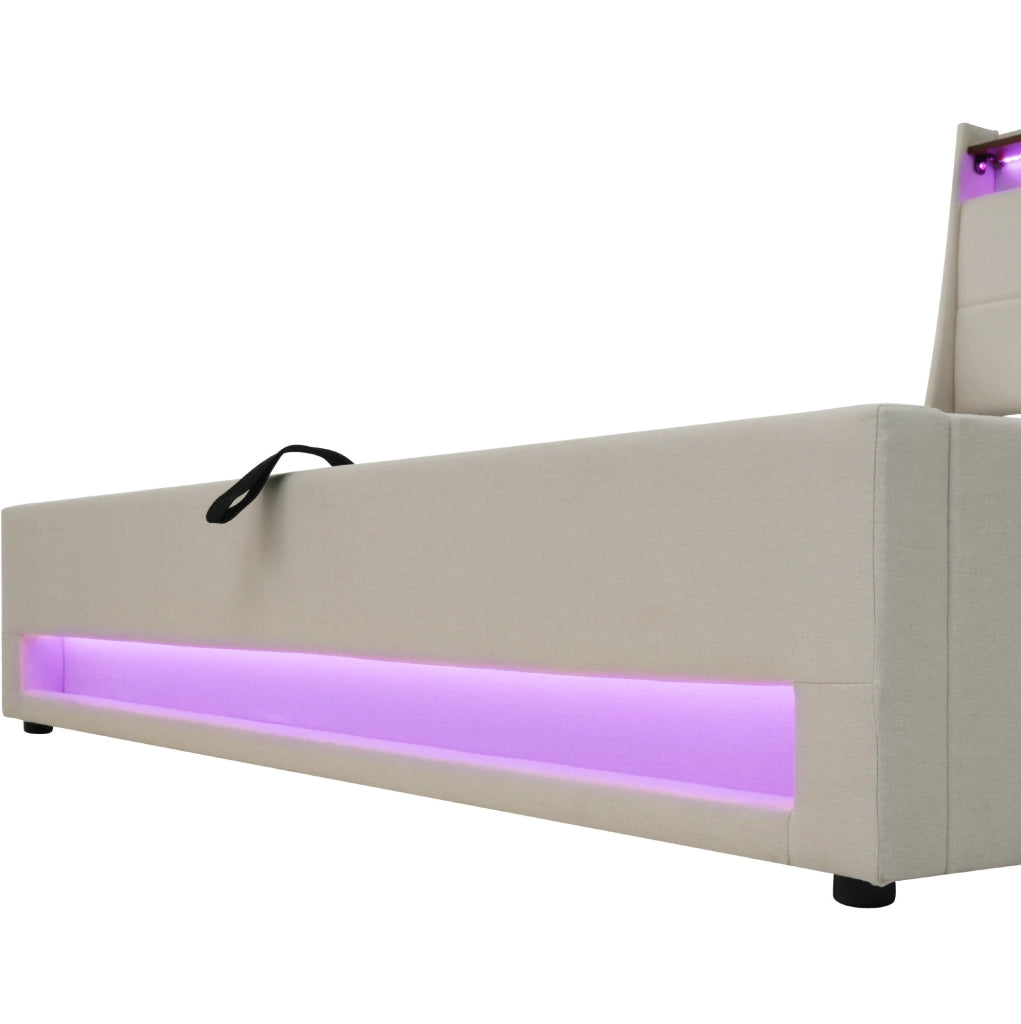 Letto imbottito beige chiaro 140 x 200 cm con LED, USB e contenitore