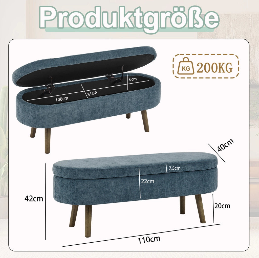 Panca contenitore in tessuto ciniglia blu con struttura in legno massello, 110x40x42 cm, 20L capacità, ideale per soggiorno e ingresso