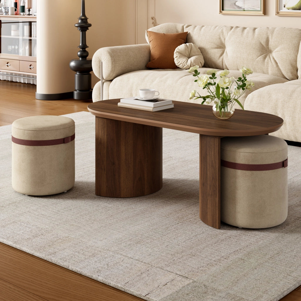Set tavolino da salotto ovale con 2 pouf imbottiti in MDF e legno di pino noce HAVRYA