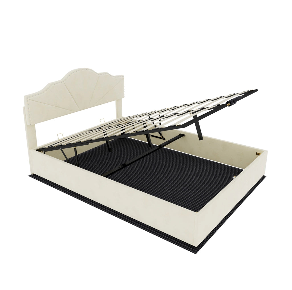 Letto moderno minimalista 160x200 cm beige con testiera imbottita e struttura contenitore con pistone pneumatico, materasso incluso