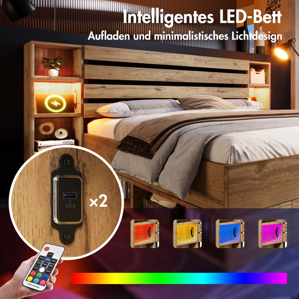 Letto matrimoniale 160 × 200 cm con LED USB e USB C in metallo e legno color rovere con cassetti
