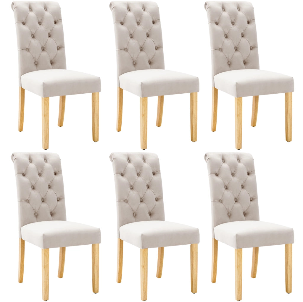 Set di 6 sedie da pranzo in velluto beige con gambe in legno massello di quercia