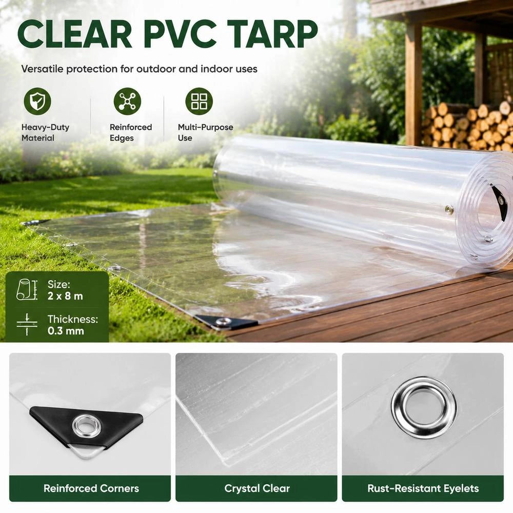 Telo trasparente con occhielli, 2x8 m, in PVC, durevole e versatile, ideale per coperture esterne, giardino e balcone