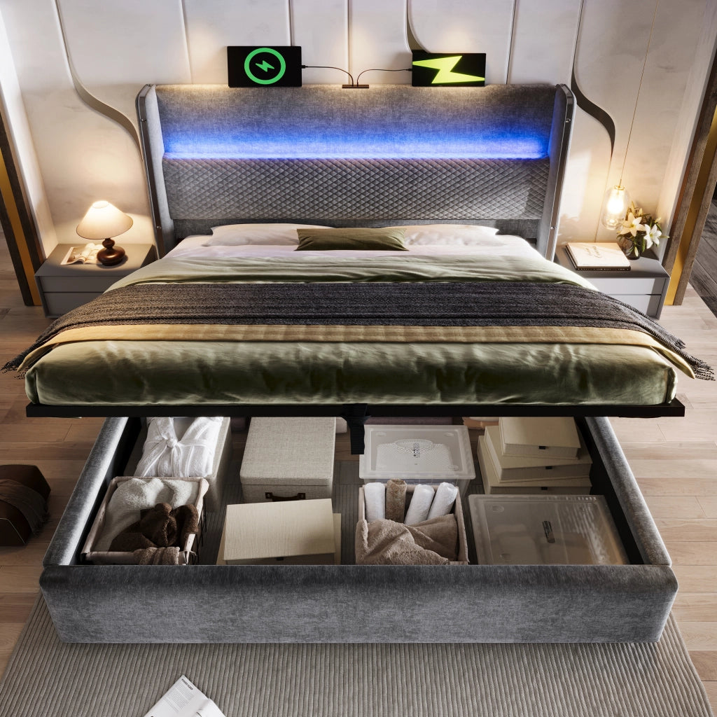 Letto matrimoniale contenitore 180 × 200 cm con testiera alta led usb type-c in lino grigio