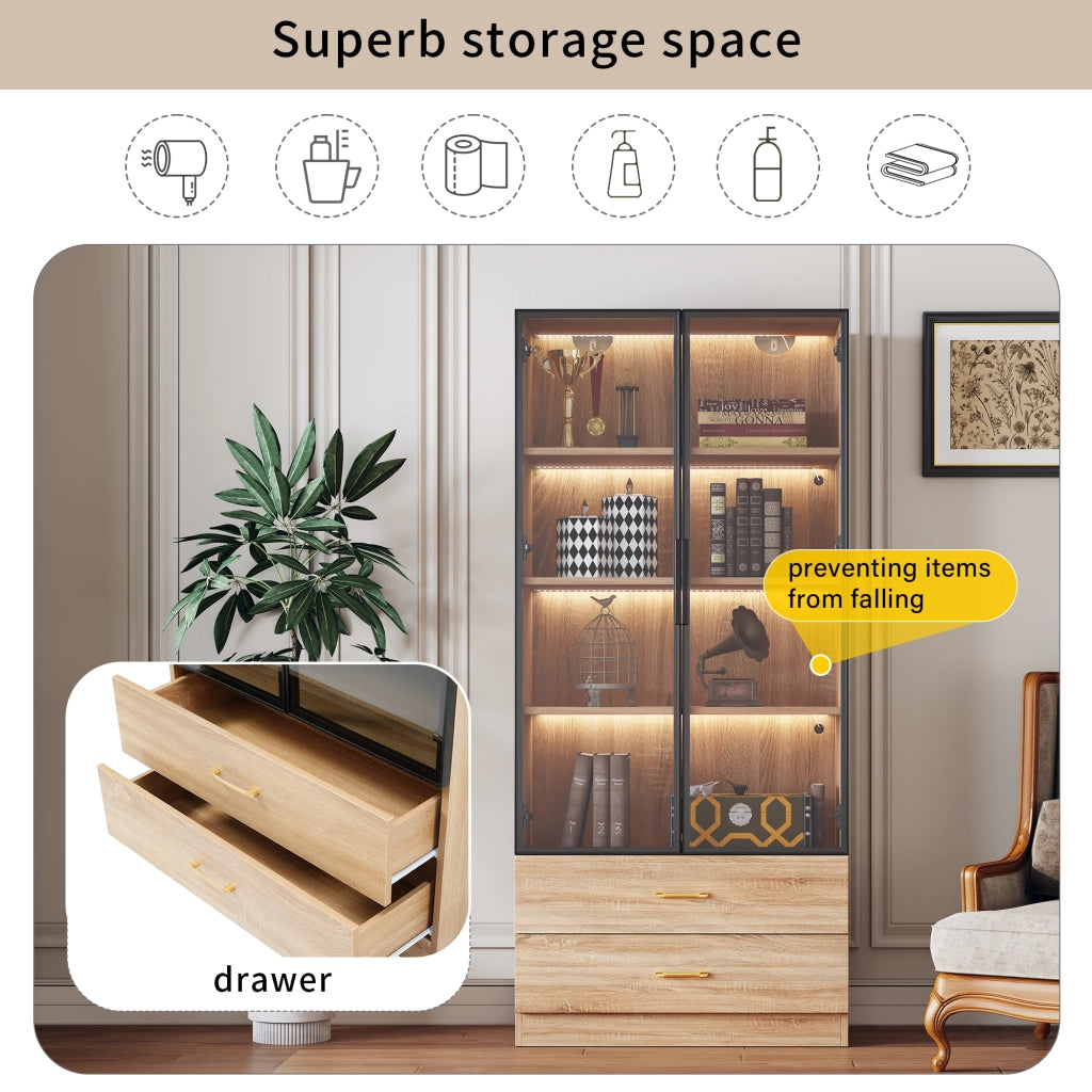 Armadio da bagno con 2 ante, 2 cassetti, ripiani aperti e anta in vetro, stile moderno, per bagno, MDF marrone