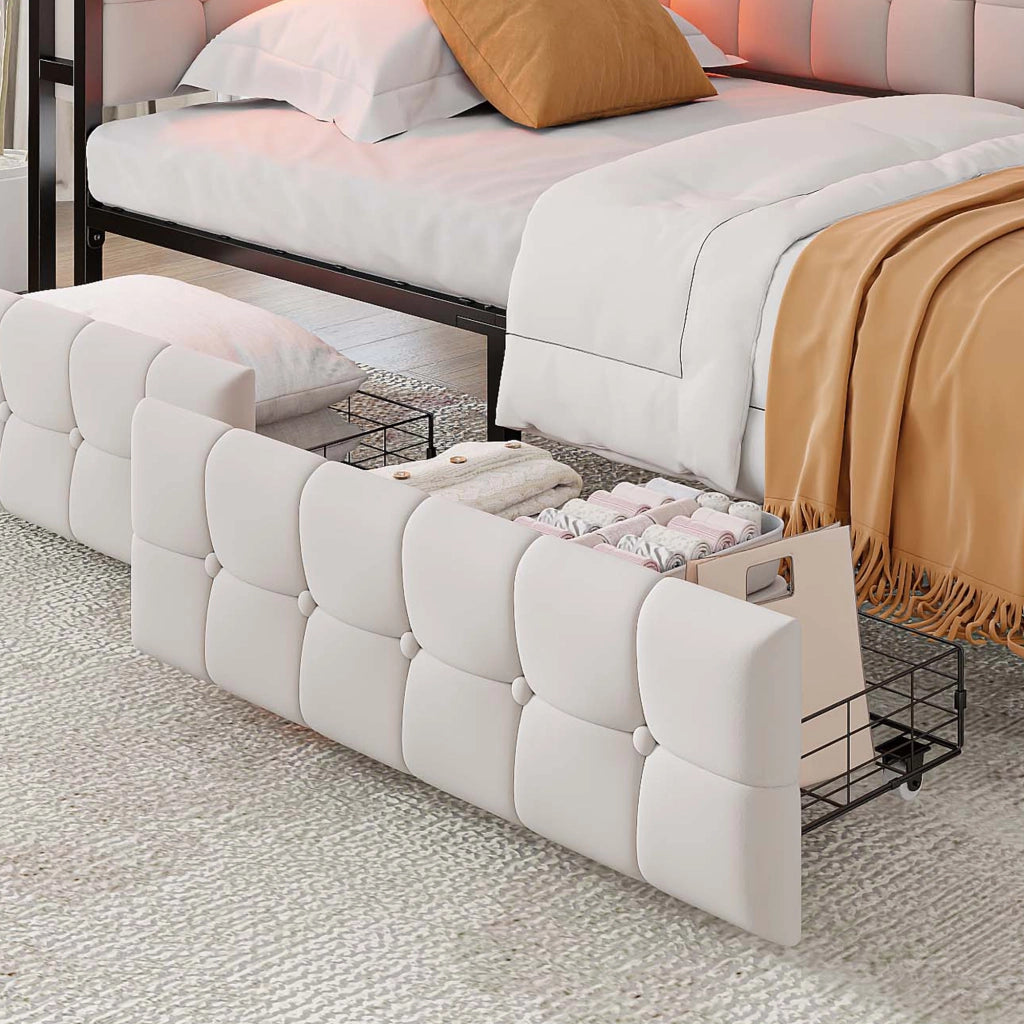 Letto imbottito per bambini 90 x 200 cm con 2 cassetti, lampada LED letto singolo con porte USB e Type-C, tessuto beige